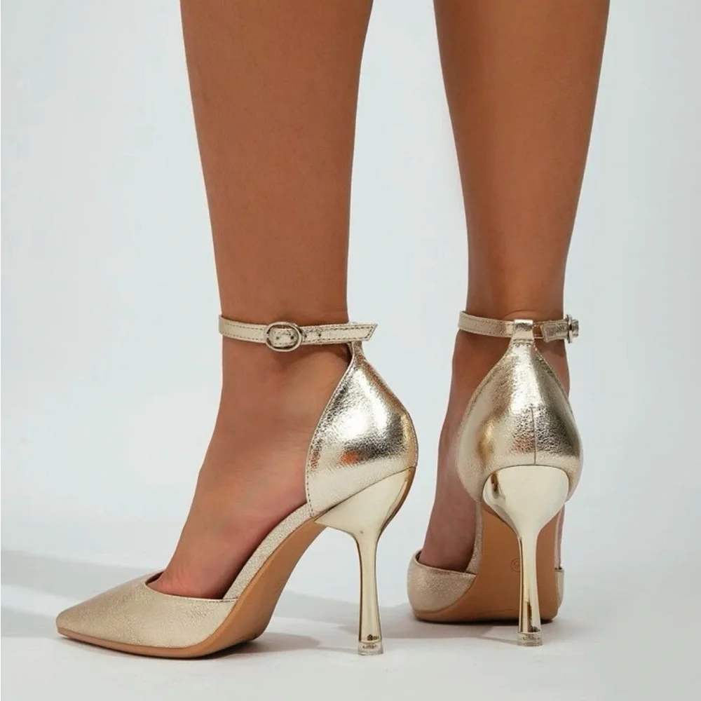 Gold Metallic Point Toe Ankle Strap stiletto Pumps - Picture 2 of 3